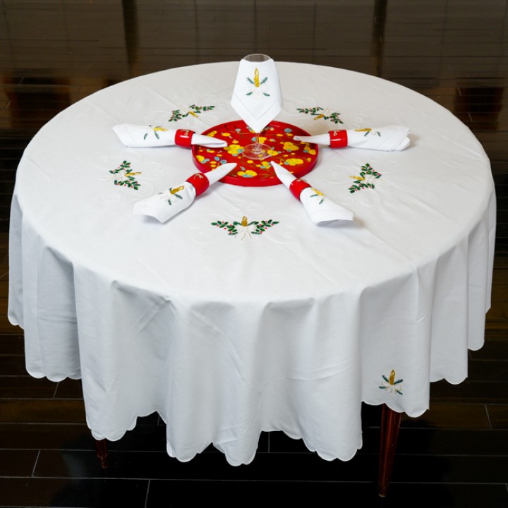 Christmas round table cloth included with 8 napkins-Candle embroidery (size 180 cm)